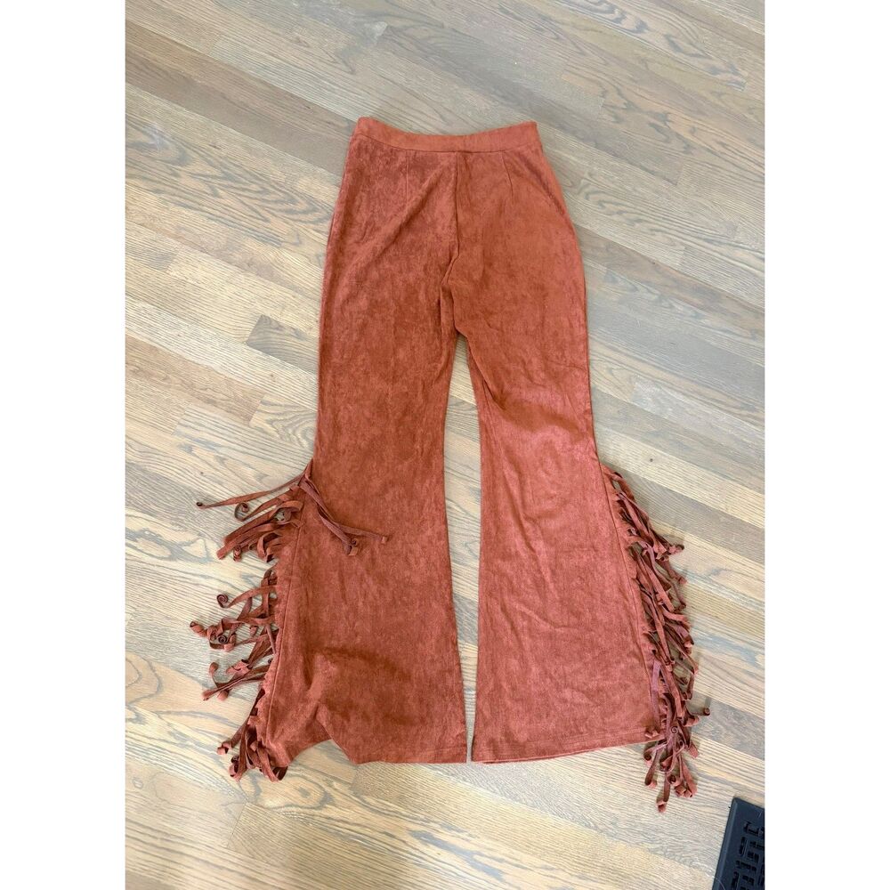 Apperloth High Waist Women's Faux Suede Brown Fringe Hem Flare Leg Pants, M